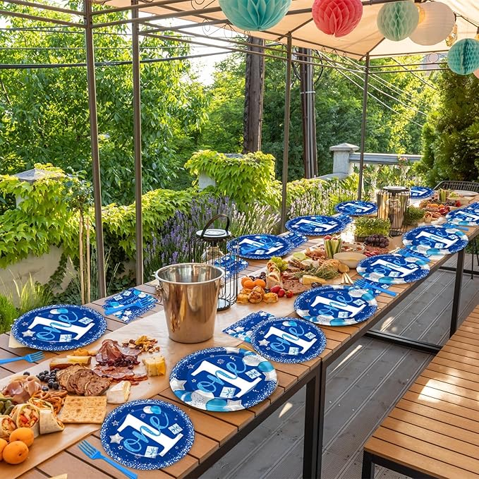 Wiooffen Boy 1st Birthday Party Tableware Set, Blue, 96 Pcs, 24 Guests, Paper Plates, Napkins, Forks