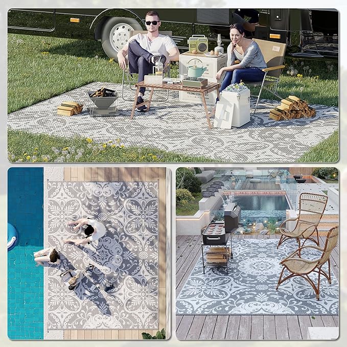 Outsunny Outdoor Rug for Patio, 9' x 12' Waterproof Large Mat, Reversible Plastic Straw Rug for Decor, Portable Outside RV Camping Area Carpet Mat for Backyard Porch Deck Picnic, Gray & White Floral