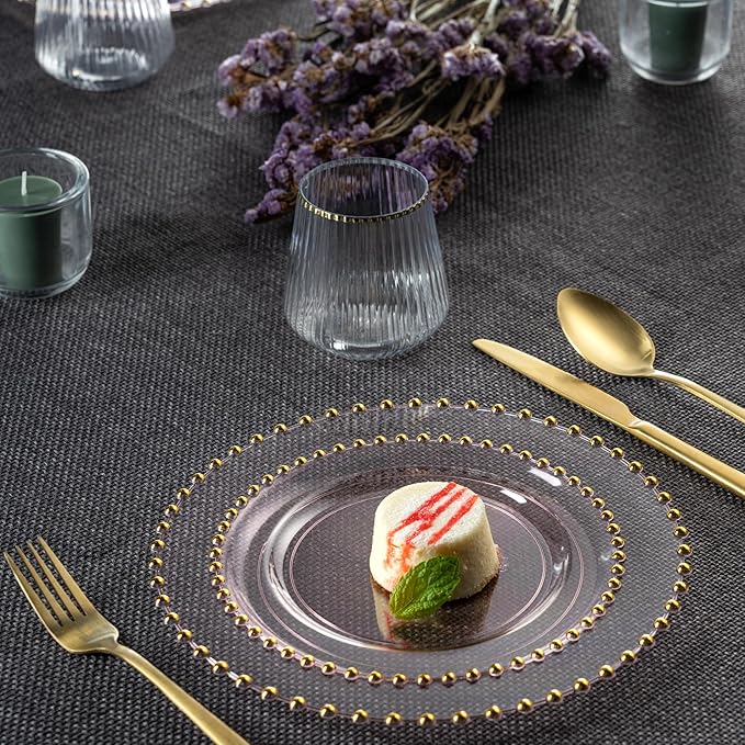 PLASTICPRO 32 Piece Combo Plastic Dinner Plates Disposable Plastic Fancy Heavy Duty Party Dishes 7 inch and 10 inch, Translucent Pink and Gold Beaded