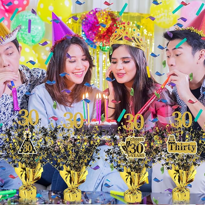 Tatuo 4 Pcs Metallic Foil Spray Centerpiece Happy 30th 40th 50th 60th Years Centerpiece Table Decorations for Black and Gold Birthday Anniversary Wedding Party Table Decor(30th Birthday)