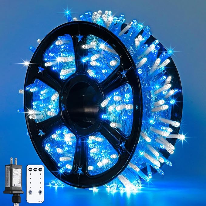 JMEXSUSS Blue and White Christmas Lights Outdoor with Remote, 168ft 600 LED String Lights Indoor Clear Wire Fairy Light Plug in for Bedroom Tree Birthday Party Xmas Decorations