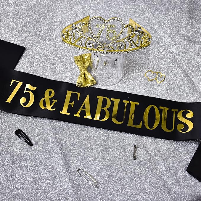 75th Birthday Tiara and Sash Kit - '75 & FABULOUS' Black Sash and Gold Rhinestone Crown for Women's 75th Birthday Party Supplies