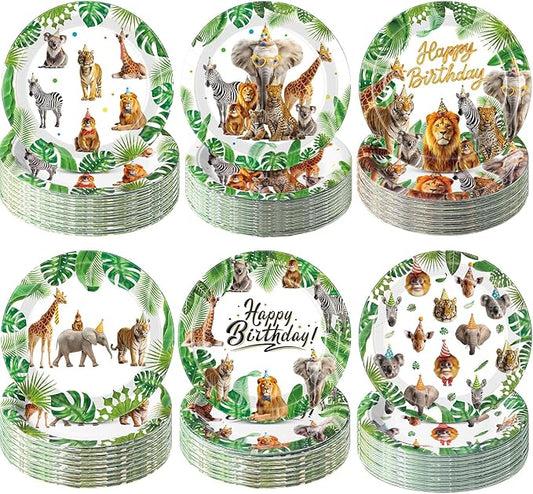 Gerrii 60 Pcs Wild Animals Themed Party Plates 7 Inch Happy Birthday Disposable Paper Plates Zoo Party Decorative Dessert Dinner Favor for Safari Jungle Animals Theme Birthday Baby Shower Supplies