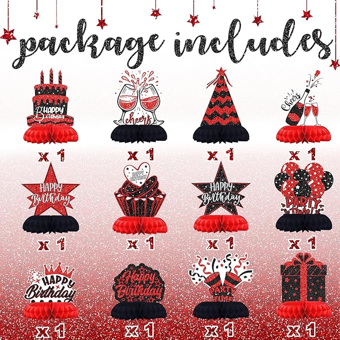 Black and Red Birthday Decorations – 12PCS Honeycomb Table Centerpieces for Men Women Adults – Happy Birthday Table Decor Party Supplies