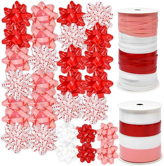 Valentine Gift Wrap Bows and Curling Ribbon Set, Red Pink and White Decorative Self Adhesive Bows with Heart Print Ribbon for Gift Wrapping, Packaging and Valentine’s Day