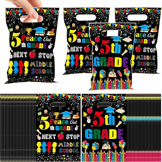 MOIZYNG 50Pcs 5th Grade Graduation Gift Bags with Handles, Peace Out 5th Grade Next Stop Middle School Plastic Snack Treat Goodie Bags for Fifth Grade Graduation Party Favors Supplies