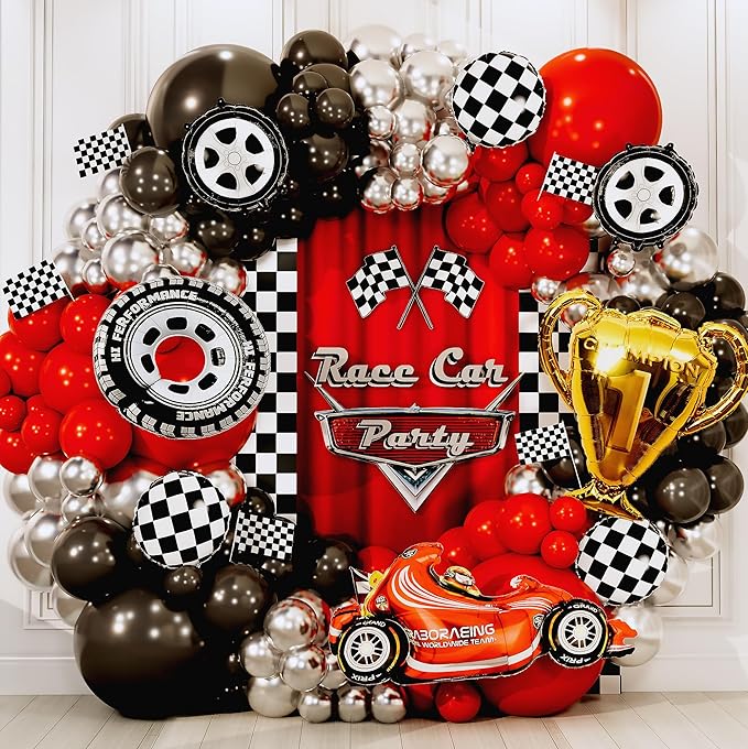 ALL-IN-1 Race Car Balloon Arch Kit with BONUS Trophy & RaceCar - Cars Balloon Garland Kit for Race Car Theme Birthday Party Supplies & Hot Wheels Balloons Race Cars Decorations
