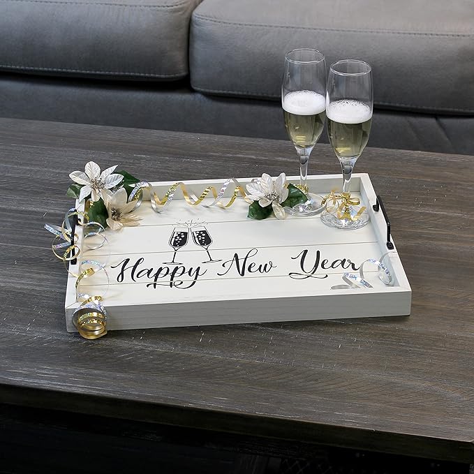 Elegant Designs HG2000-GNY Champagne Toast Decorative Wood Serving Tray w/Handles, 15.50" x 12", Light Gray Happy New Year