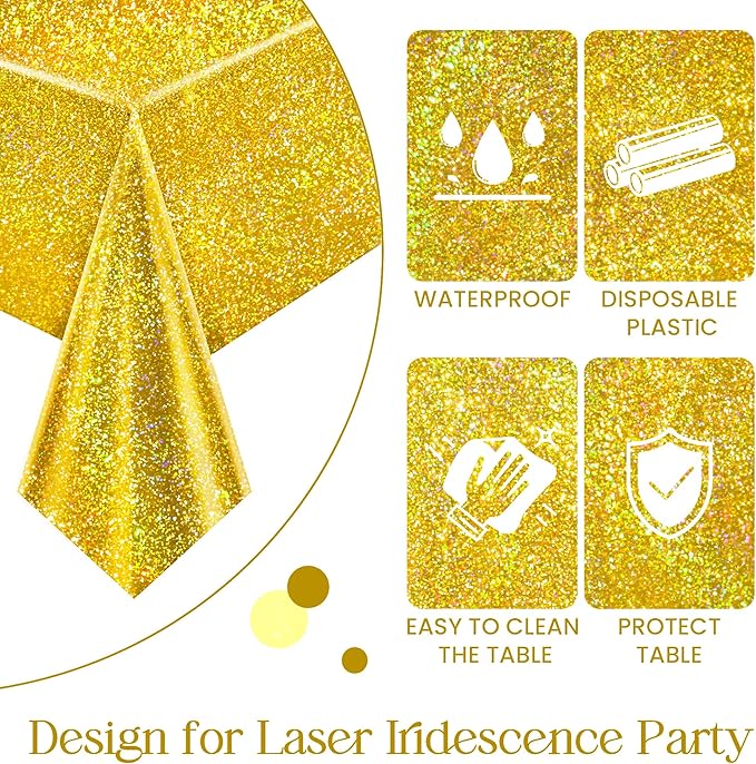 Sparkling Holographic Laser Tablecloth - Shimmering, Waterproof, Easy to Clean - Ideal for Halloween, Bachelorette, Birthday, Wedding, and Anniversary Party Decorations (Purple & Green & Gold, 3)
