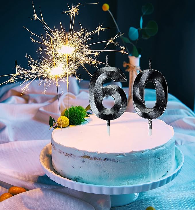 Bailym Black 60th Birthday Candles, Number 60 Cake Topper for Birthday Decorations Party Decoration