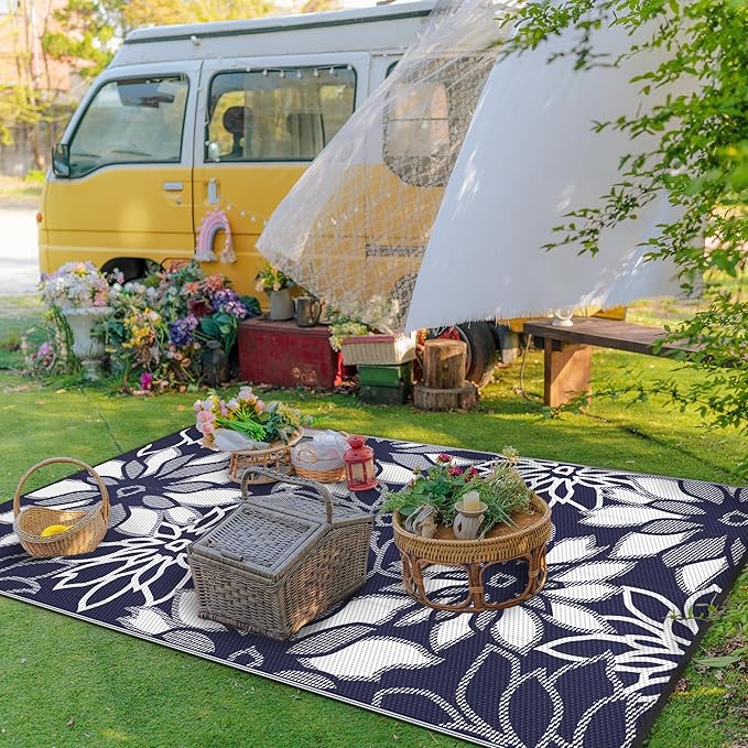 GENIMO Outdoor Rug Waterproof for Patio Decor, 6' x 9' Reversible Plastic Straw Floral Camping Carpet, Large Area Rugs Mats for RV, Camper, Deck, Balcony, Porch, Beach, Picnic, Blue & White