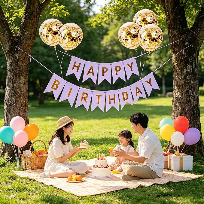 Happy Birthday Banner Sign Bunting Hanging Decorations with Shiny Gold Balloons Birthday Party Sign Decor for Party Supplies(Purple)