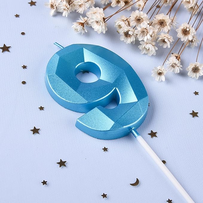 PHD CAKE 2.76 Inch Crystal Blue 9 Number Birthday Candles, Blue Number Candles, Cake Number Candles, Party Celebration