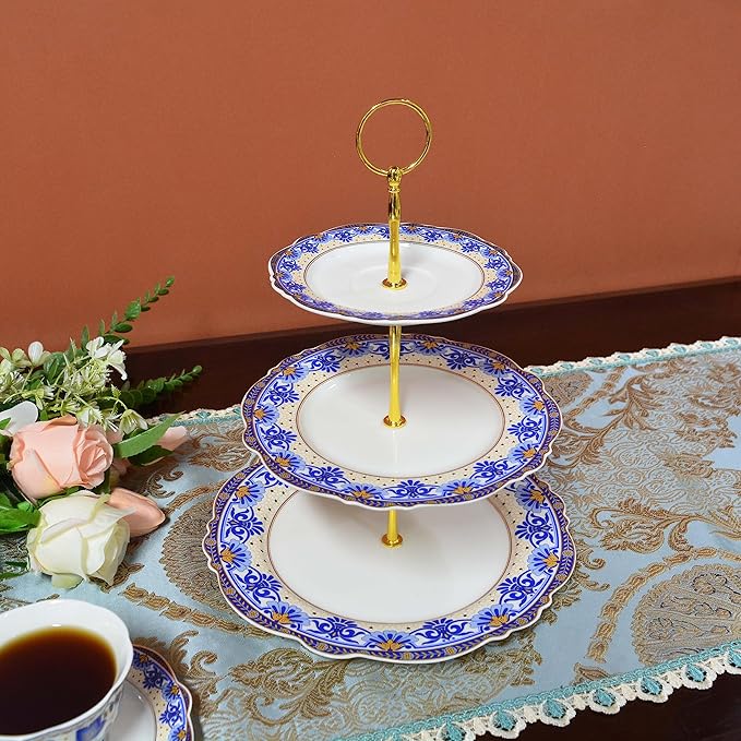 ACMLIFE 3 Tier Cupcake Stands for Dessert Table, Vintage Floral Round Cupcake Stand, Bone China Cake and Cupcake Stand for Party, Birthday, Weddings, Blue