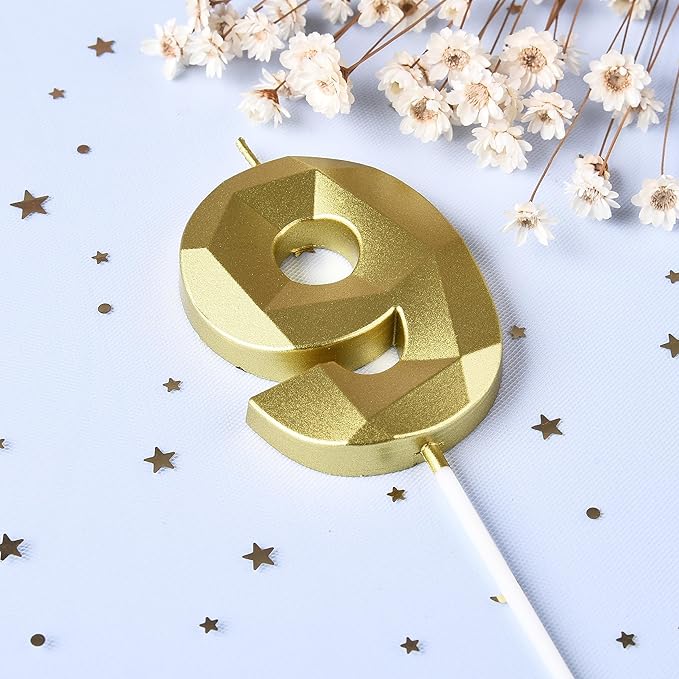 PHD CAKE 2.76 Inch Crystal Gold 9 Number Birthday Candles, Gold Cake Candles for Party Celebration