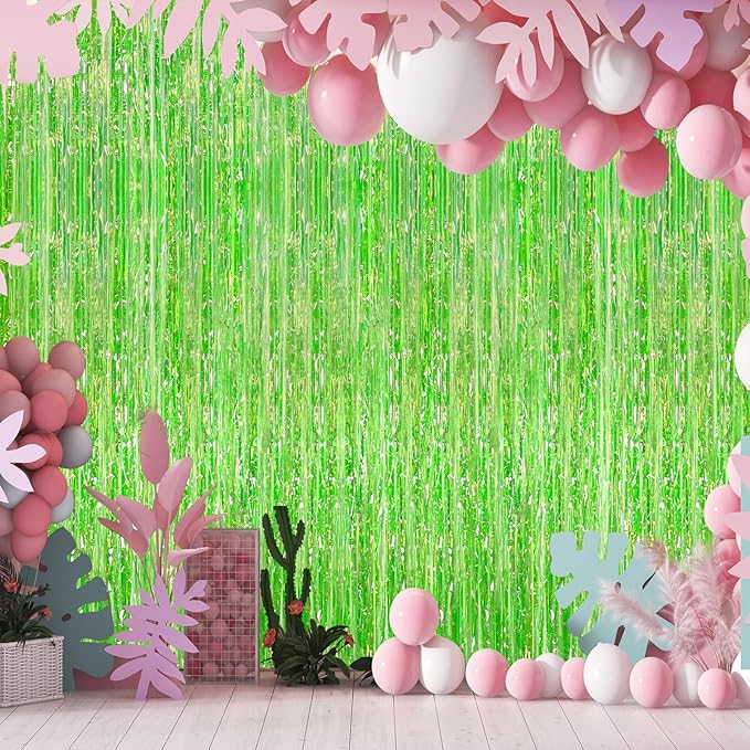 2Pack Iridescent Green Metallic Tinsel Foil Fringe Curtains, Door Streamers Photo Booth Backdrop for Birthday Party, Tinsel Curtain Backdrop for Baby Shower Bachelorette Christmas Party Decorations