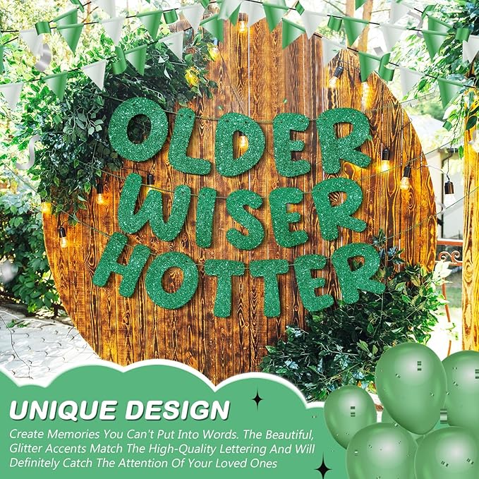 Fulmoon Set of 3 Pre Strung Older Wiser Hotter Glitter Banner Funny Birthday Banner for Women 30th 40th 50th 60th 70th 80th Birthday Party Decorations Sign Gift(Green)