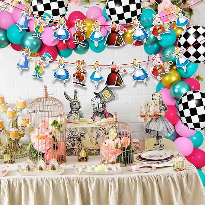 Alice in Wondrland Garland Decoration – Fairy Tale Birthday Party Supplies – Cartoon Inspired Hanging Banner for Adults – Baby Shower, School Events, Family Gatherings, and Themed Celebrations