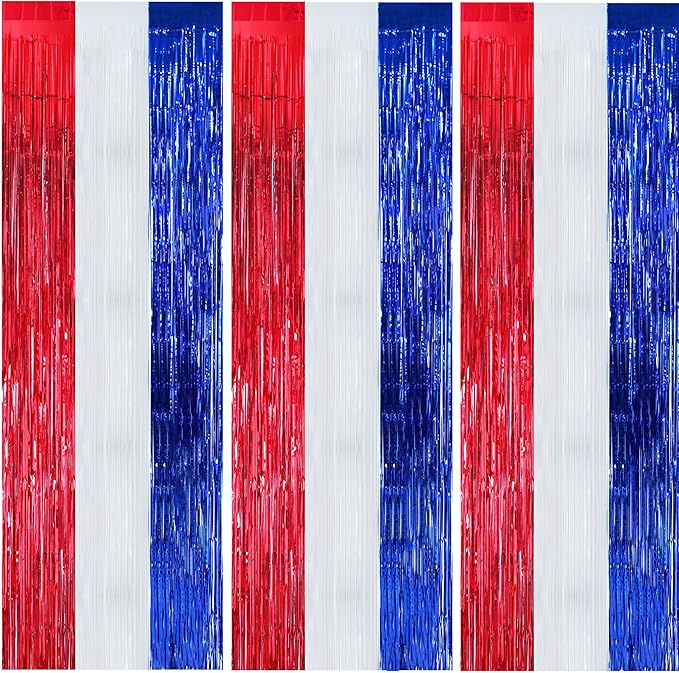BEISHIDA 3 Pcs Red Blue White Door Streamers Curtain July 4th Party Streamers Backdrop 4th of July Party Wall Background for Party Decoration Photo Booth Props(3.28 ft x 6.56 ft)