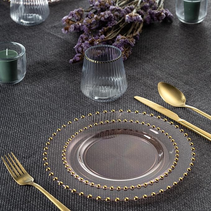 PLASTICPRO 32 Piece Combo Plastic Dinner Plates Disposable Plastic Fancy Heavy Duty Party Dishes 7 inch and 10 inch, Translucent Pink and Gold Beaded