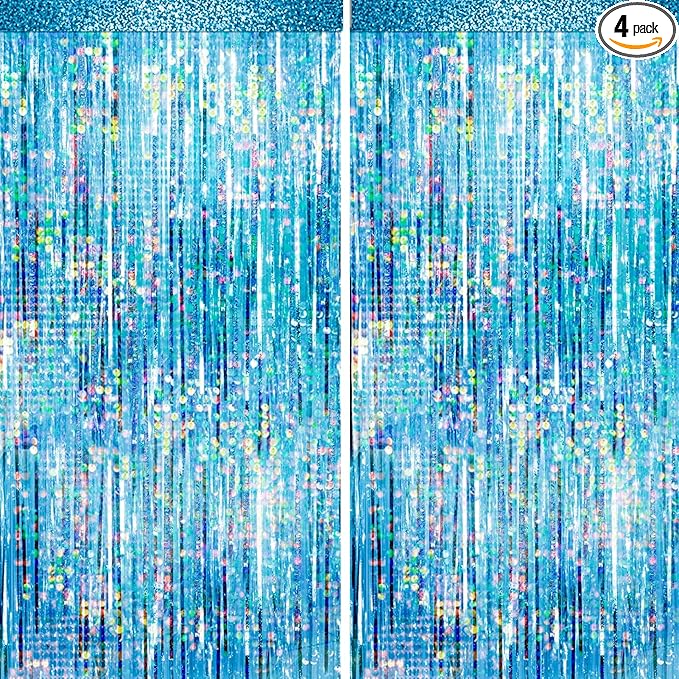 4 Packs Blue Foil Fringe Curtain, Light Blue Glitter Metallic Tinsel Backdrop for Birthday, Wedding, Baby Shower, Bachelorette, Ocean, Princess Party Decorations Supplies