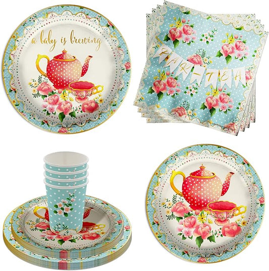 Birthday Galore Baby is Brewing Tea Baby Shower Party Supplies - 64 Piece Tableware Set Includes Large 9" Dinner Plates and 7" Dessert Paper Plates Napkins Cups - Kit for 16