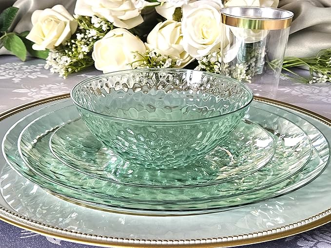 " OCCASIONS " 100 Plates Pack (50 Guests) Wedding Party Disposable Plastic Plate Set -50 x 10'' Dinner + 50 x 7'' Salad/dessert plates (Coastal Clear Green)