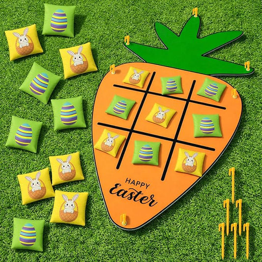 Hollowfly Easter Games Carrot Party Favors Tic Tac Toe Game Bean Bag Toss for Indoor Outdoor Yard Lawn Adults Family Night Easter Activities, 1 Carrot Felt Mat and 10 Bunny Egg Bags