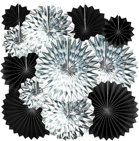 Black Silver Party Hanging Paper Fans Decorations - Wedding Retirement Graduation Birthday Party Engagement Bridal Shower Party Ceiling Hangings Photo Booth Backdrops Decorations, 12pc