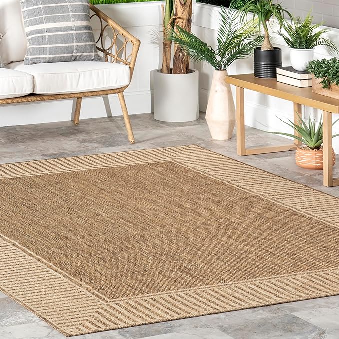 Nuloom Asha Light Brown/Ivory, 8' Round, Casual, Striped Border, Soft and Cozy, High Traffic, Stain Resistant, Easy Clean, Durable Area Rug for Indoor/Outdoor Patio, Deck, Porch, Garden, Courtyard