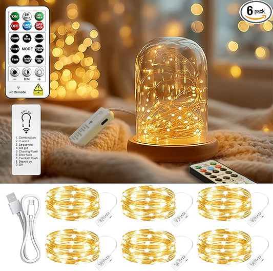 ZSJWL 6 Pack Rechargeable Fairy Lights with Remote & DIY Timer, 7Ft 20LED Mini Battery String Light, Twinkle Silver Copper Wire Lights for Wedding Party Bedroom Christmas Table Decoration(Warm White)