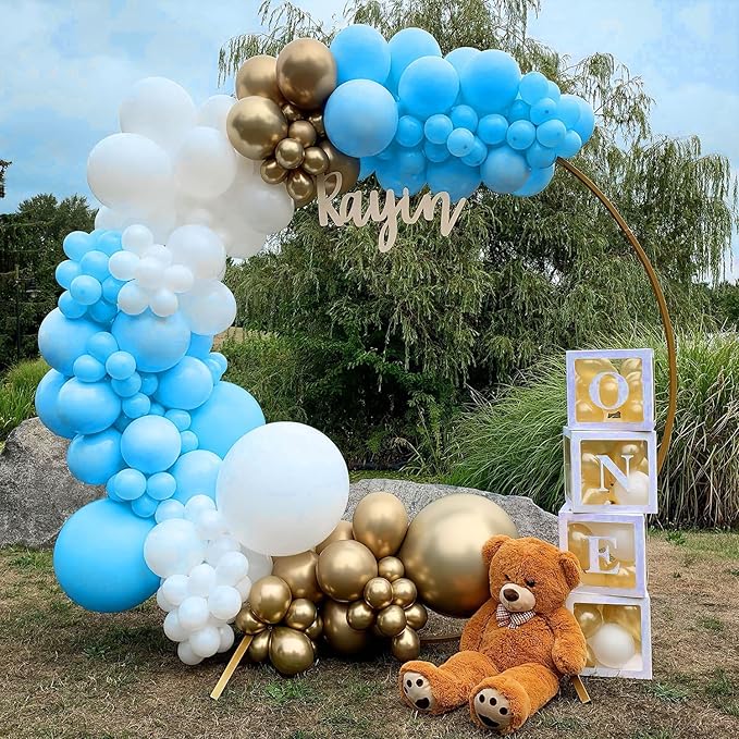 Blue Gold White Latex Balloons, 50 Pack 12 Inches light Blue Balloons Helium Balloons for Boys Baby Shower Birthday Bridal Shower Wedding Party Decorations Supplies