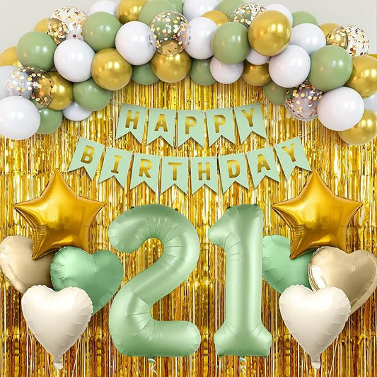 KatchOn, Sage Green 21st Birthday Decorations Set – Pack of 49 | Sage Green 21 Balloon Number, Star, Heart & Confetti Balloons, Gold Backdrop | 21st Sage Green Birthday Decorations for Him, Her