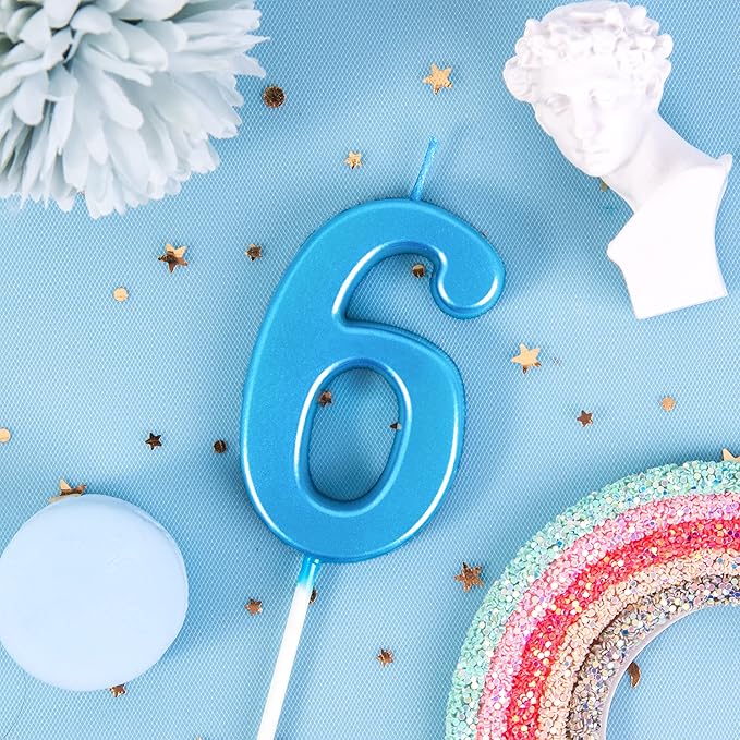 PHD CAKE 2.76 Inch Modern Blue 6 Number Birthday Candles, Blue Number Candles, Cake Number Candles, Party Celebration