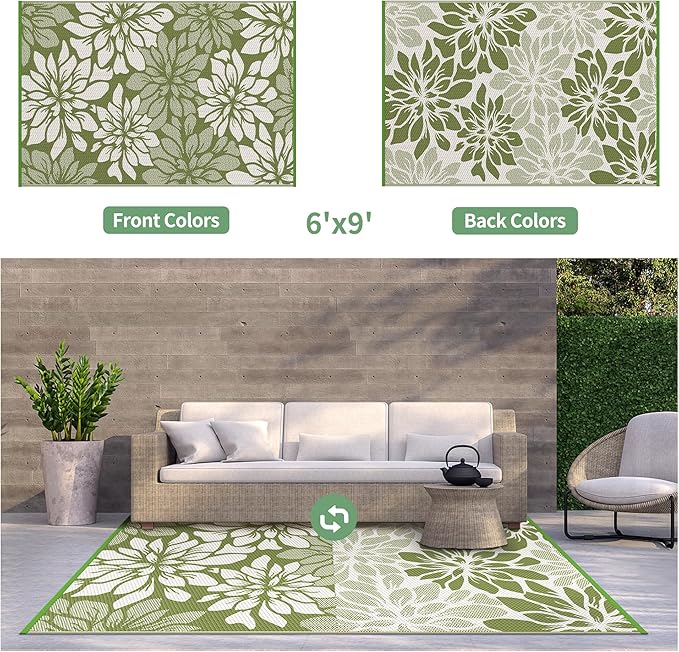 GENIMO Outdoor Rug Waterproof for Patio Decor, 6' x 9' Reversible Plastic Straw Floral Camping Carpet, Large Area Rugs Mats for RV, Camper, Deck, Balcony, Porch, Beach, Picnic, Green & Beige