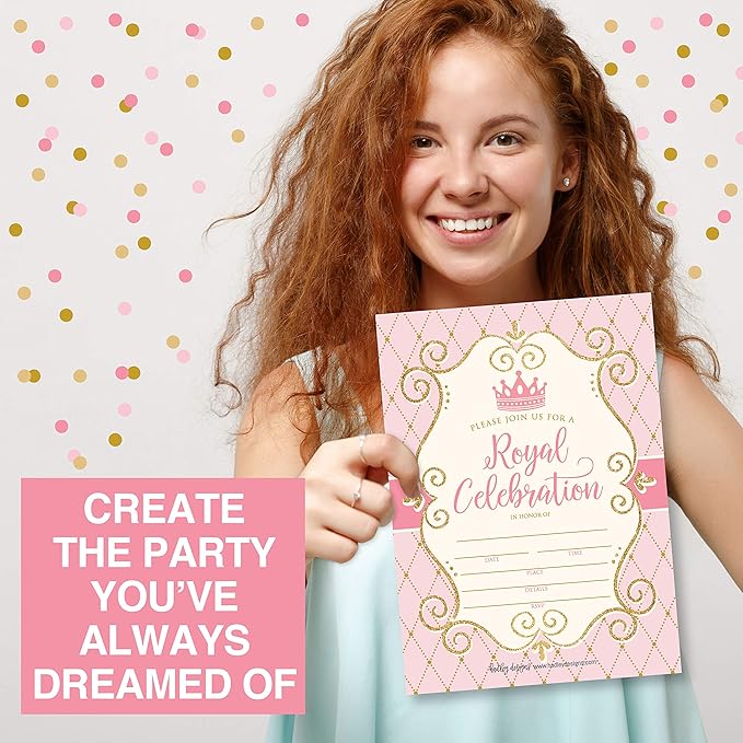 Hadley Designs Kids Birthday Invitations Girl Princess Theme - 25 Royal Birthday Party Invitations For Girls, Princess Invites For Girls, Cute Party Supplies, Made in USA