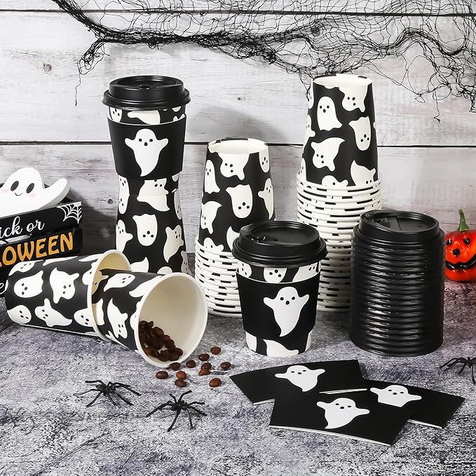AimFun 50Pcs Halloween Ghost Disposable Coffee Cups with Lids and Sleeves 8oz Ghost Spooky Paper Party Cups Black White Boo Cold Hot Drinking Cups for Birthday Halloween Party Supplies (Black Ghosts)