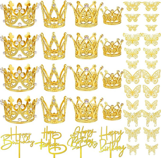 44 PCS Gold Crown Cake Decoration 16 PCS Mini Crown Tiny Crown with 24 PCS Butterfly Wall Decors and 4 PCS Birthday Cake Topper for Women Girl Crown Birthday Party Wedding Cake Decor