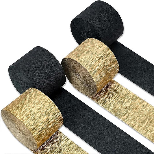 Captain Décor 4 Crepe Paper Streamers Rolls, 328ft Pack of 4 Gold and Black Streamers for Party Decorations, Birthday Streamers, Party Streamers for Wedding Decoration (1.8 inch x 82 ft/Roll)…