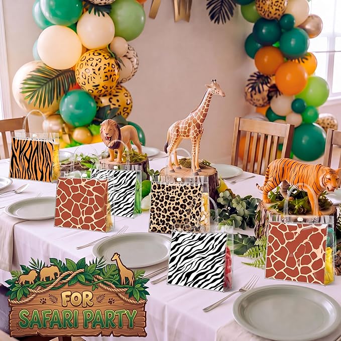 Aliceset 20 Pcs Animal Print Goodie Bags with Handles Safari Party Favor Bags for Jungle Theme Wild Animals Zoo Party Bithday Baby Shower Supplies Decor, 8x8x3.15 Inch