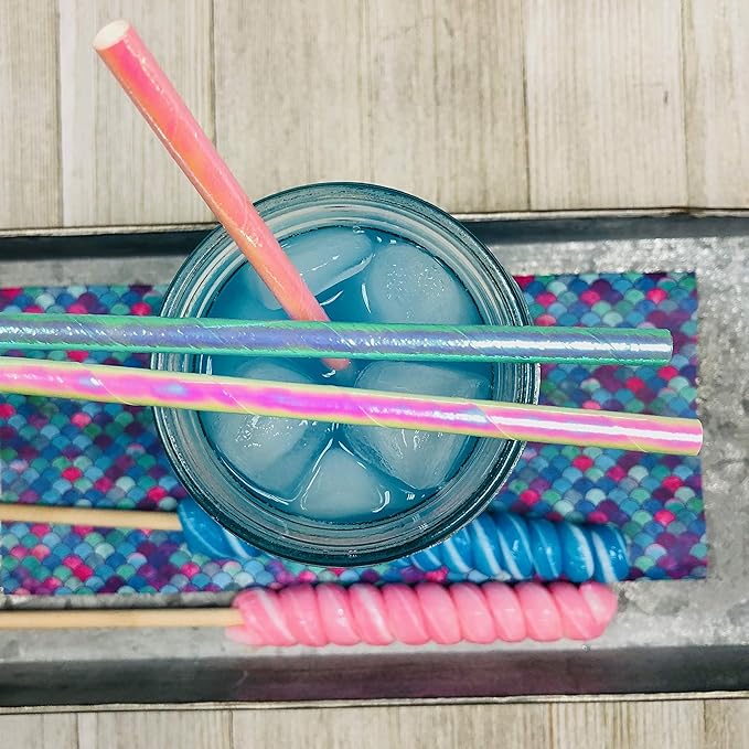 Iridescent Foil Paper Straws - Birthday Party - Valentine Party - Easter - Pink Blue Green White Pearl - 7.75 Inches - 100 Pack