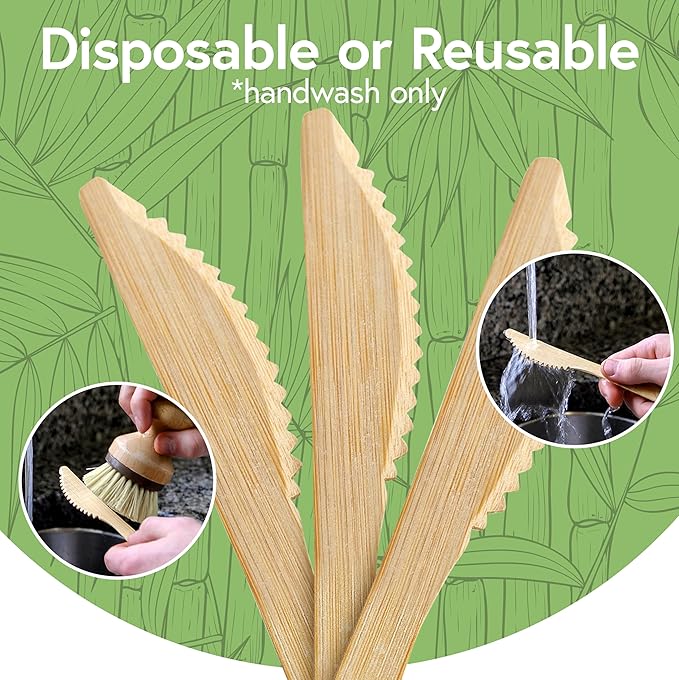 100% Bamboo Knives Set - Biodegradable Cutlery Sets (3000 Eco Friendly Knives) | Bamboo Silverware Disposable or Reusable | Compostable FSC Certified Flatware for Weddings, Camping & Parties