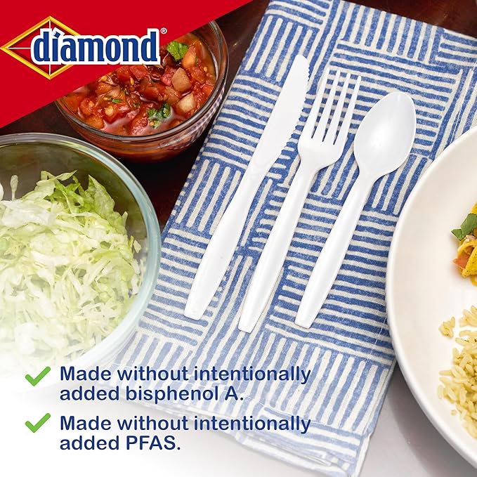 Diamond® Heavy Duty Disposable Cutlery Set 240 Count – 80 Forks, 80 Spoons, 80 Knives, Durable Plastic Utensils, Reusable Tray, Lunch, Parties, Events, Made in USA