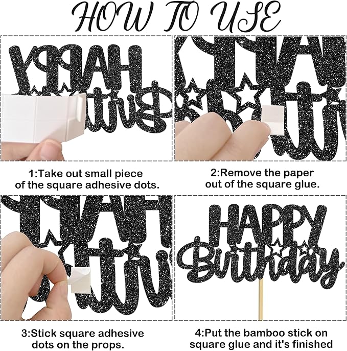 Birthday Centerpiece Sticks 12PCS Black Glitter Birthday Party Table Toppers Happy Birthday Sign Decorations Centerpieces for Anniversary Party Supplies