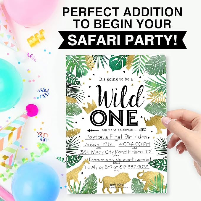 Hadley Designs Kids Birthday Invitations For Boys and Girls Safari Theme - 25 Wild One 1st Birthday Party Invitations For Boys, Jungle Invites For Girls, Cute Animals Party Supplies, Made In USA