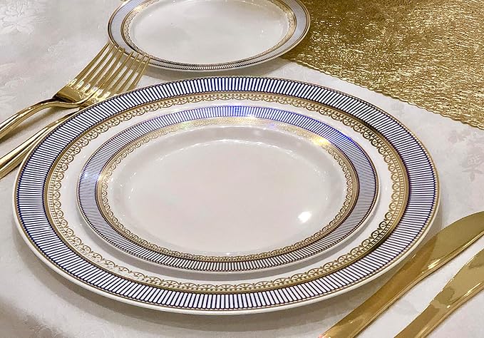 " OCCASIONS " 120 Plates Pack,(60 Guests) Heavyweight Premium Wedding Party Disposable Plastic Plates Set -60 x 10.5'' Dinner + 60 x 7.5'' Salad/Dessert(Louvre Blue/Gold)