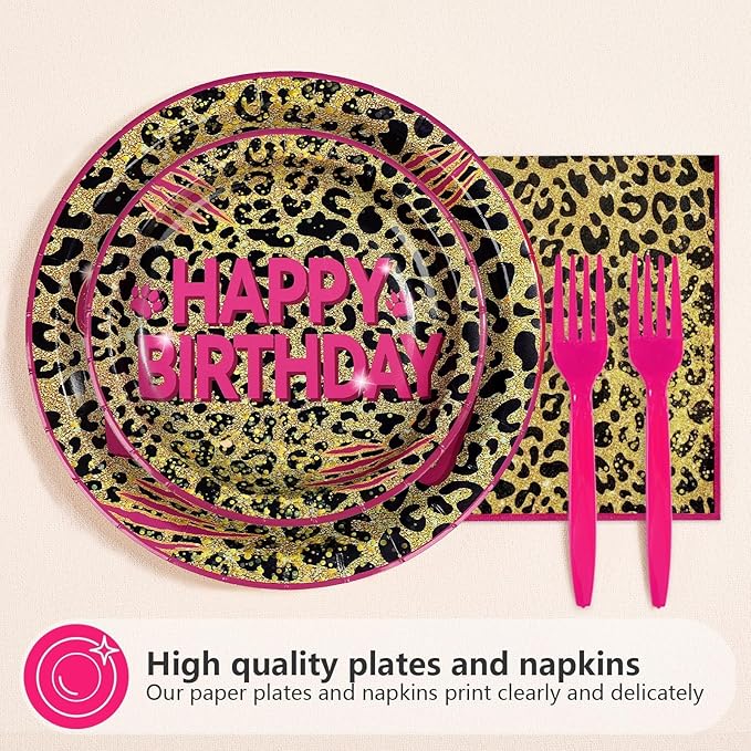 21st Birthday Decorations for Her, 96Pcs Cheetah Leopard Print Plates and Napkins Pink Leopard Print Supplies Happy 21st Birthday Tableware Set for Girls Safari Animal Party Decorations Serves 24