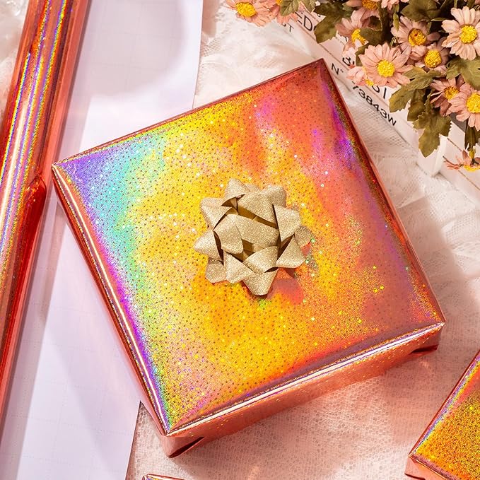 Burymento Rose Gold Wrapping Paper Roll, Metallic Holographic Star Gift Wrap for Birthday, Valentines, Mothers day, Graduation, Wedding, Fathers day, Baby Shower, Christmas (17 IN x 32.8 FT)