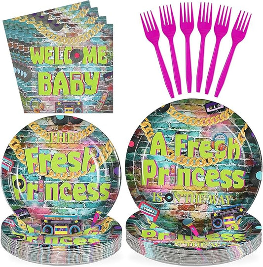 96Pcs Fresh Princess Baby Shower Party Decorations 90s Hip Hop Graffiti Plates and Napkins Disposable Vintage Themed Tableware Set for 90s Girl Baby Fresh Princess Baby Shower Party Supplies Serves 24