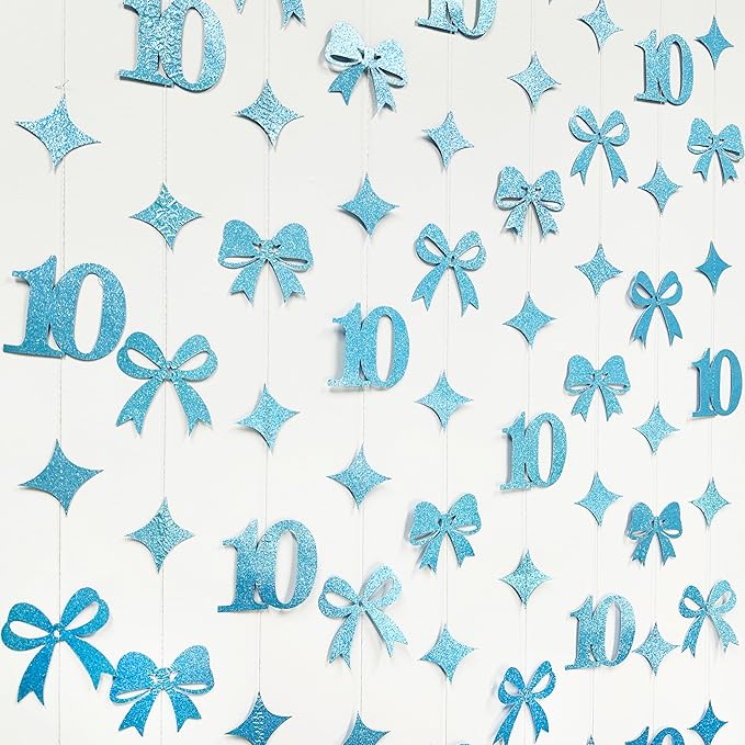Glitter Blue 10th Bow Birthday Decorations Teal Blue Conquette Bow Garland Streamer Banner Backdrop for Girls Happy 10th Birthday Double Digits I'm 10 Cheers to 10 Years Old Anniversary Party Supplies